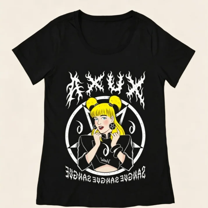 2026 Black Scoop‑Neck T‑shirt Women Metal‑Style Cartoon Blonde Girl Graphic Gothic Aesthetic Cotton Short Sleeve Tee
