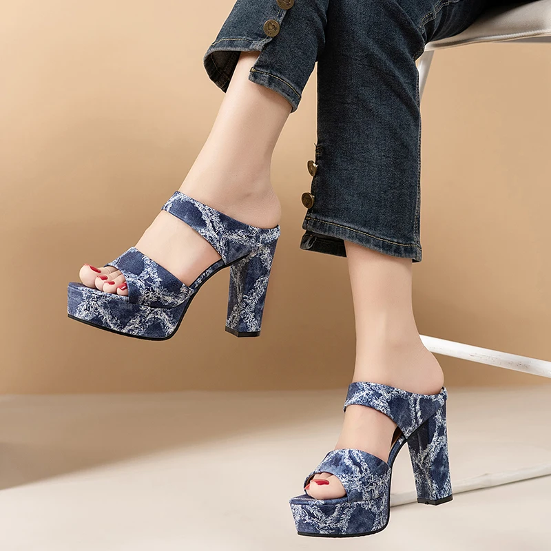 2026 Summer Denim High Heel Women's Sandals New Waterproof Platform Slip-on Slippers Large Size 34-42 Sexy Slide Women's Shoes view 2
