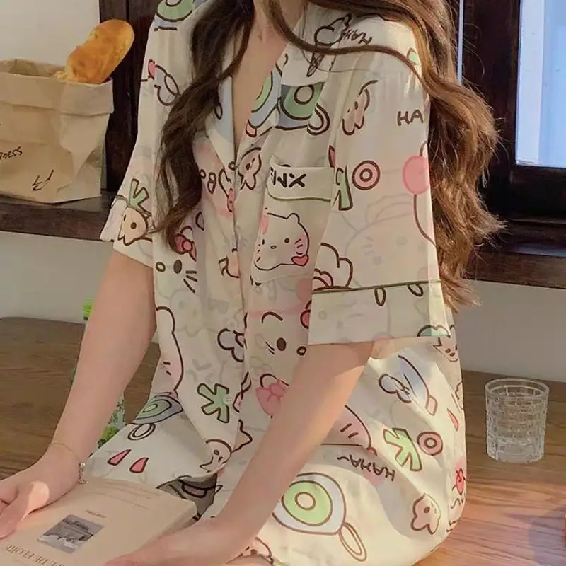 Kawaii Sanrio 헬로 키티 애니메이션 Kuromi 잠옷 여름 단순 패션 섬세한 귀여운 캐주얼 루즈 편안한 부드러운 여성용 세트 선물