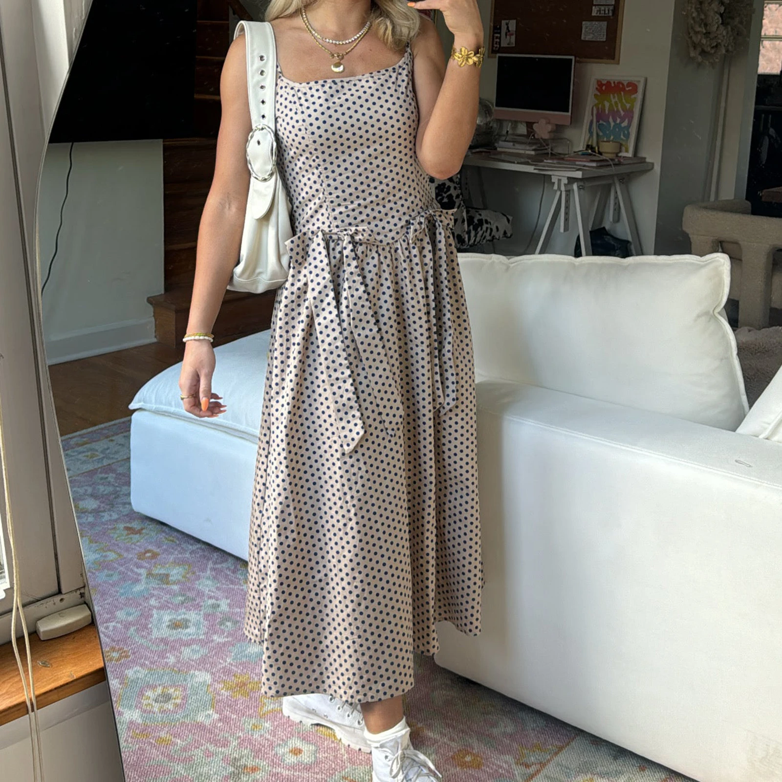 Abito da donna con fiocco in vita, estivo, regolabile, sottile, con spalline sottili, strisce smockate/puntini, stampa fluida, abito lungo a trapezio