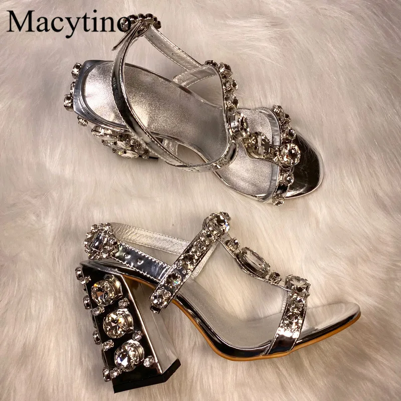 Rhinestone T-strap Design Ladies High Heel Sandals Round Toe Chunky High Heel Sandals Fashion Party High Heel Sandals