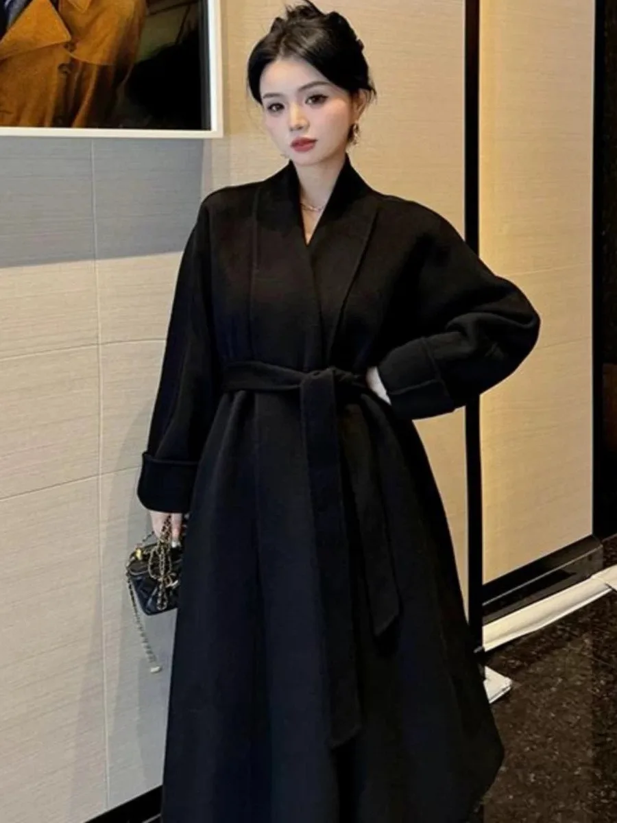 

Двустороннее шерстяное пальто Bla с большим воротником, твидовая верхняя одежда в стиле Хепберн, корейский свободный крой, шерсть, размеры S-L