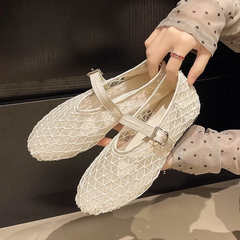 Womens Mesh Mary Jane Flat Sandals Summer Breathable Hollow Out Fishnet Ballet Shoes Buckle Strap Lightweight Black Beige Shoes