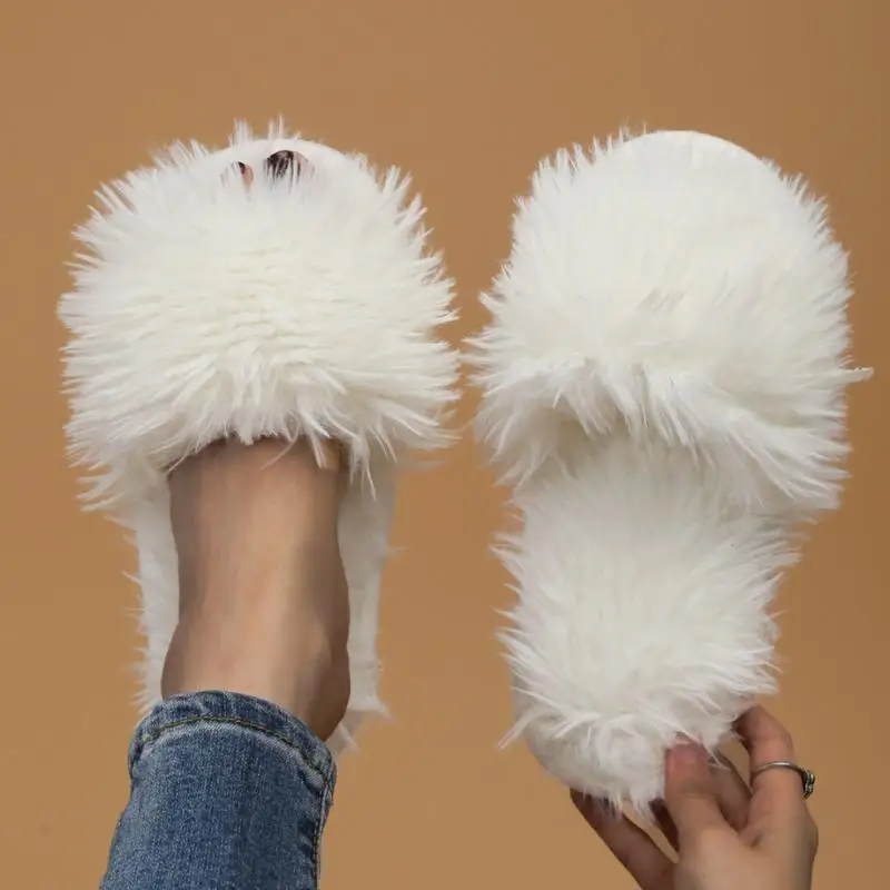2026 Winter Fashion Fluffy Fur Cotton Slippers Warm Long Plush Women Indoor Slippers Faux Fur Light Weight Home Slides for Women