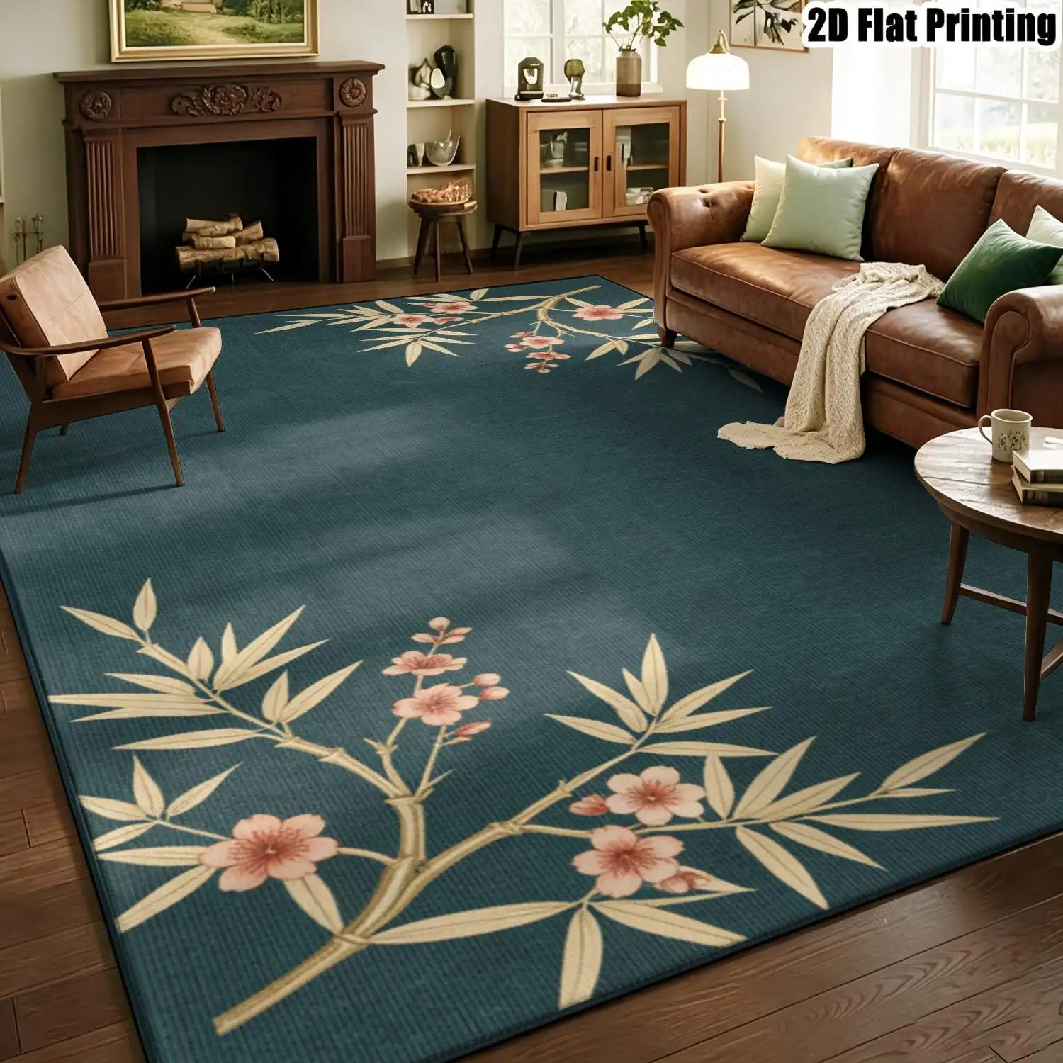 1Pc 2D Printed Carpet: Dark Green Base, Bamboo-Plum Blossom Pattern, Retro/Minimalist/Instagram Style, Washable, Multi-Size, Ideal for Home Decor Scenes Such as Entryway, Dining Room, Bedroom, Etc