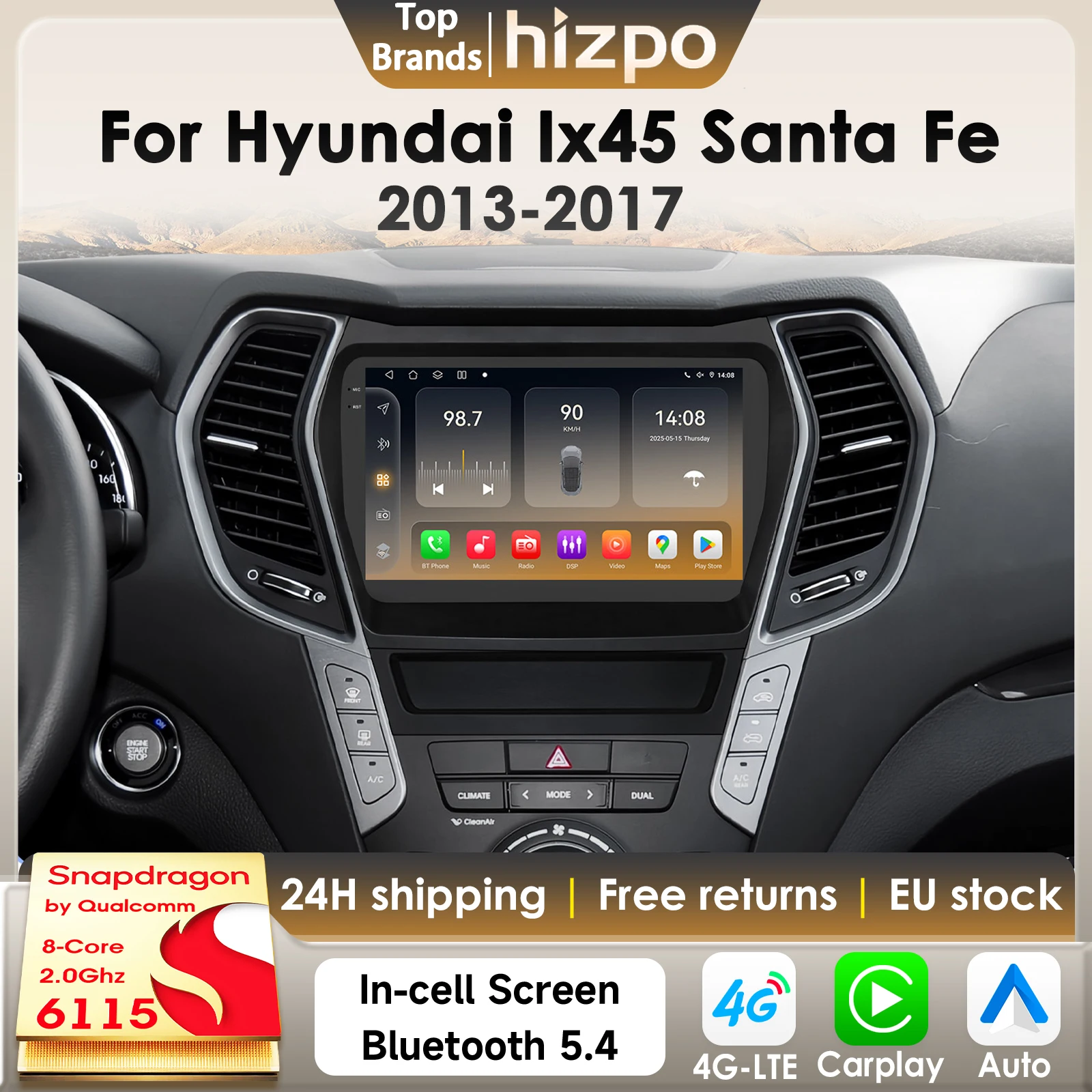 Hizpo AI 2Din Android 14 Autoradio Für Hyundai Ix45 Santa Fe 2013-2017 Auto Multimedia GPS 4G Carplay von Qualcomm Snapdragon6115