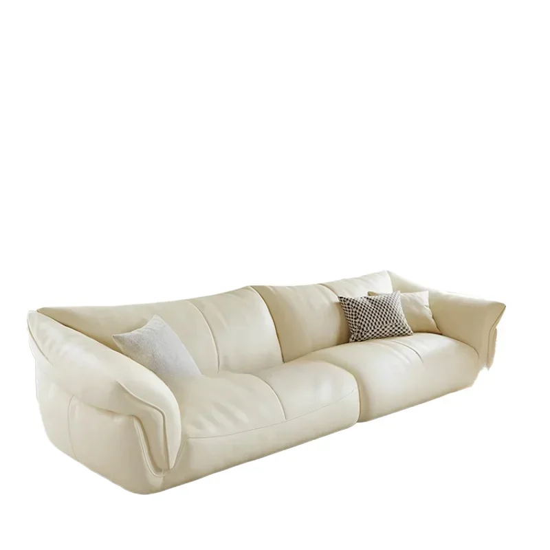 

Italian minimalist leather sofa living room small apartment first layer cowhide modern light luxury brown one-word straight row