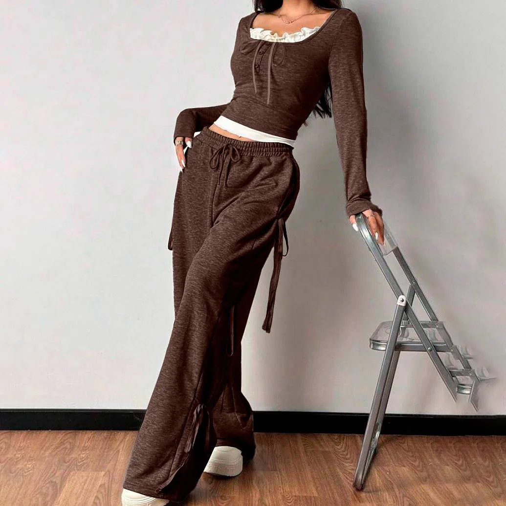 

Simple Style Ear-strap Quilted Pullover and Long Pants Set for Women, Featuring An Elegant and Trendy Bow-stringed Ensemble.