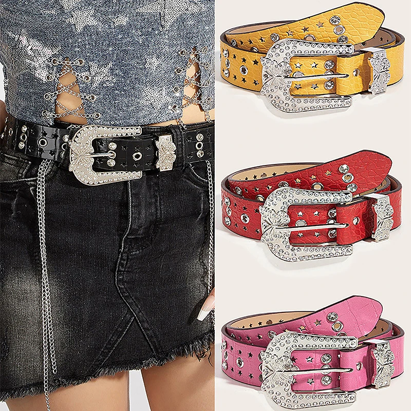 1PC Retro Punk Women Belt Trend Y2k Girls Music Festival Jeans Accessories Girdle Fashion Butterfly Rhinestone Buckle Waistband