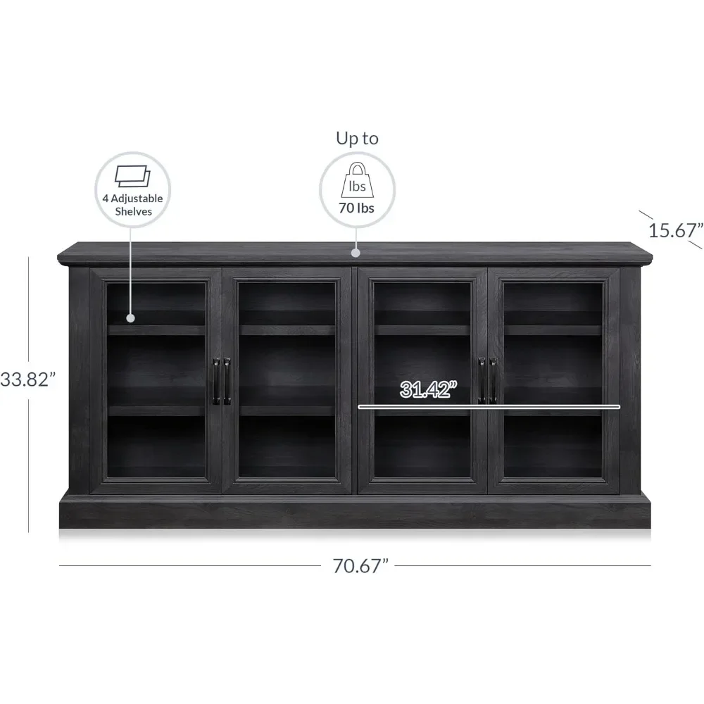 70 Inch Sideboard Buffet Cabinet, Entertainment Center with Storage, Glass Display Cabinet with Adjustable Shelves Console Table