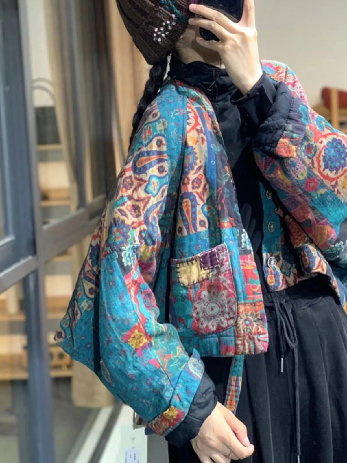 

Autumn Winter Thiened Cotton Linen Retro Print Batwing Sve ort Jaet Women's Hanfu Sle Casual V-ne Button-up Coat