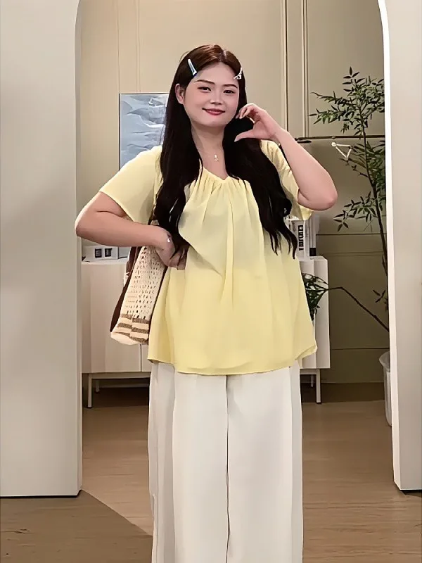 

plus Size Korean Sle White Enhancing Yellow V-Ne ort Sve irt Women Summer Unique Beautiful Small Top Casual Wear