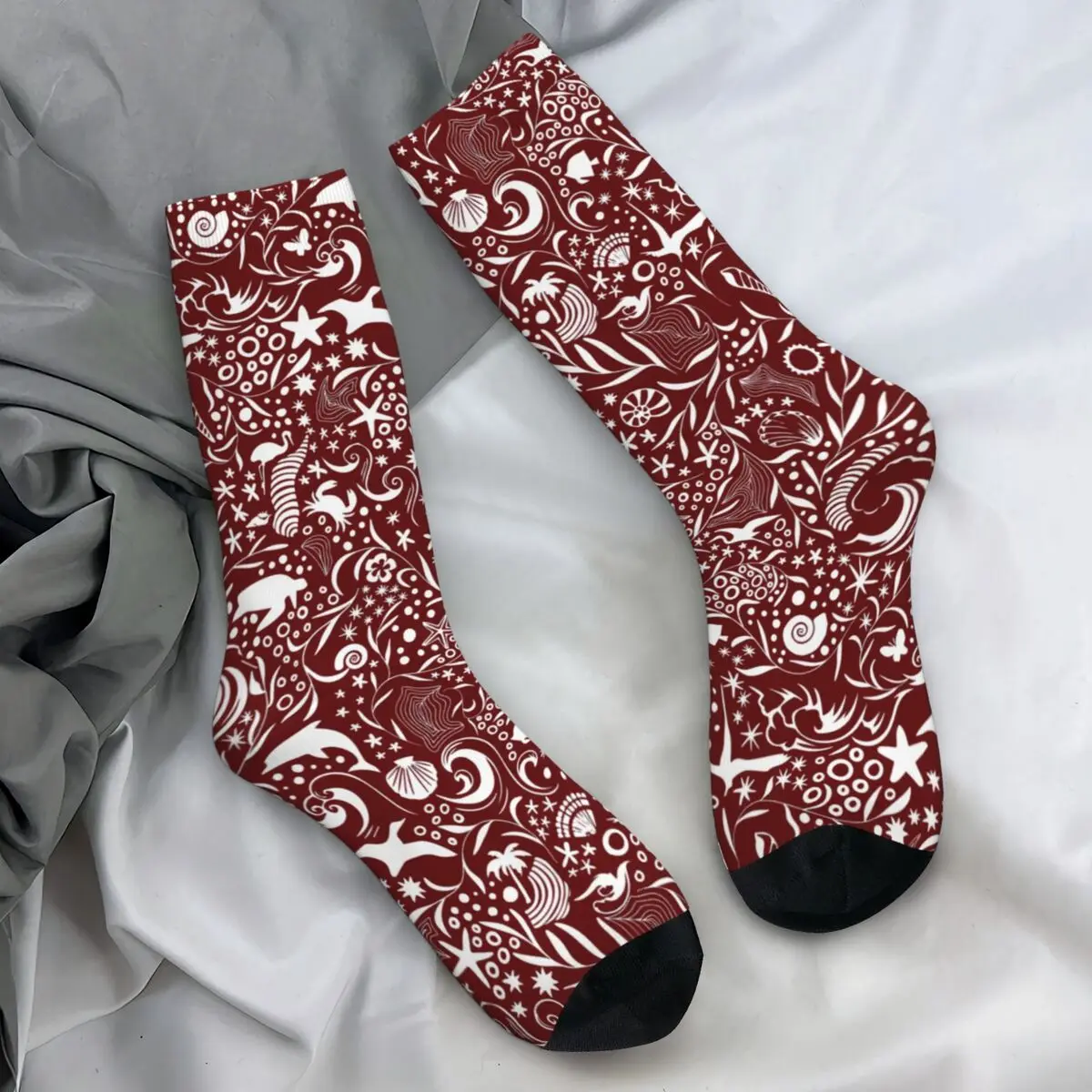 Sea Fish Dolphin Waves Stockings Red White Ocean Printed Novelty Socks Autumn Non Slip Socks Female Outdoor Warm Soft Socks