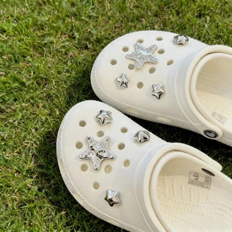 Electroplate Silver Star PVC Shoe Charms DIY Decor Accessories for Hole Clog Sandals Gift for Teen Girls Women Party Decor