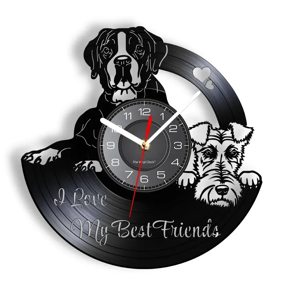 Boxer and Fox Terrier Dog Friends Vinyl Record Wall Clock Dog Breed Vintage Wall Art Home Decor Vinyl LP Record Clock Wall Watch