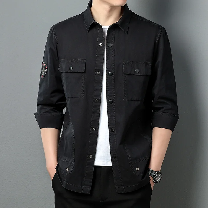 

Рубашка для инструментов, мужская весенне-летняя свободная рубашка с карманами и длинными рукавами, приталенная универсальная куртка