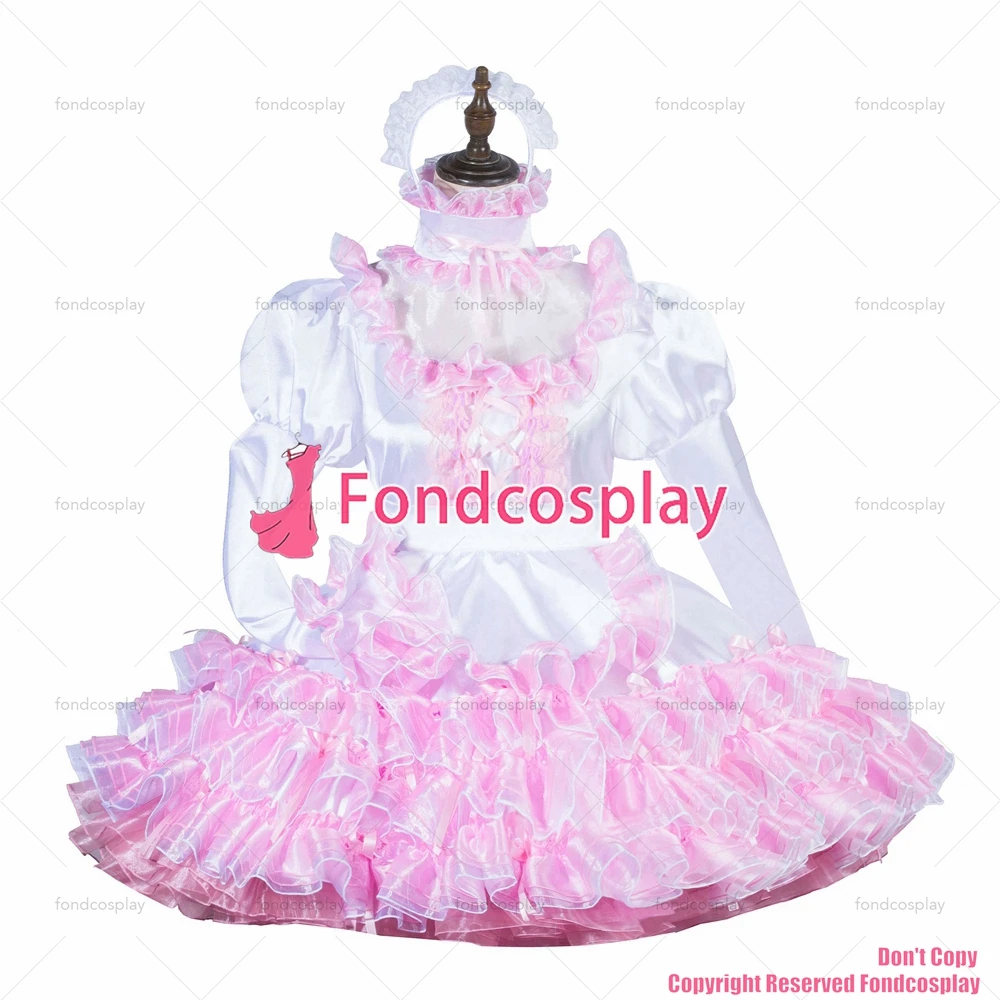 fondcosplay adult sexy cross dressing sissy maid short lockable white Satin Organza dress apron costume CD/TV[G3826]