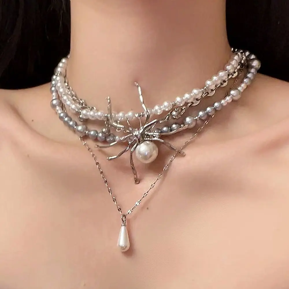 Y2K Jewelry Multi-Layered Pearl Spider Crystal Pendant Necklace Women Korean Fashion Charm Necklace Punk Choker Goth Accessories