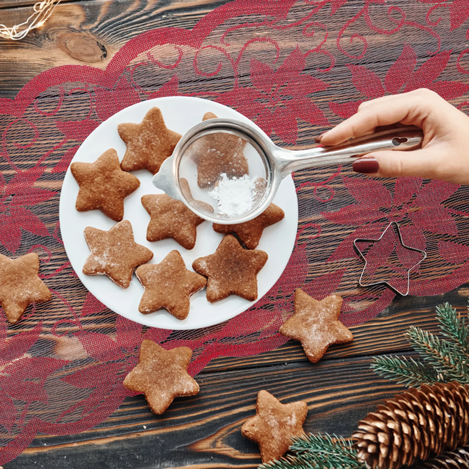 

1pc Christmas Table Flag Lace Flower Pattern 72 Inches Red Table Cover For Holiday Decor Dust Protection Families Friends