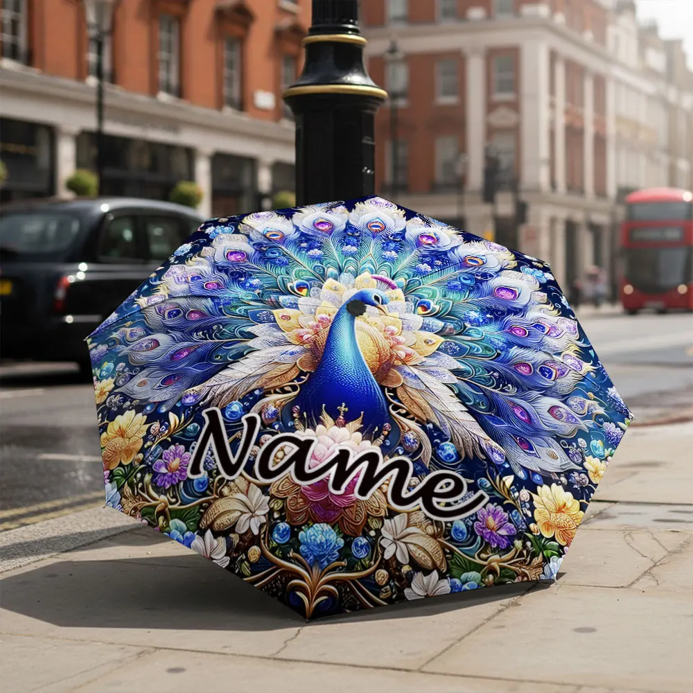 Custom Name umbrella, Colorful Peacock Pattern Umbrella Fashion Folding Umbrella for Sunny and Rainy Days, Christmas Gift