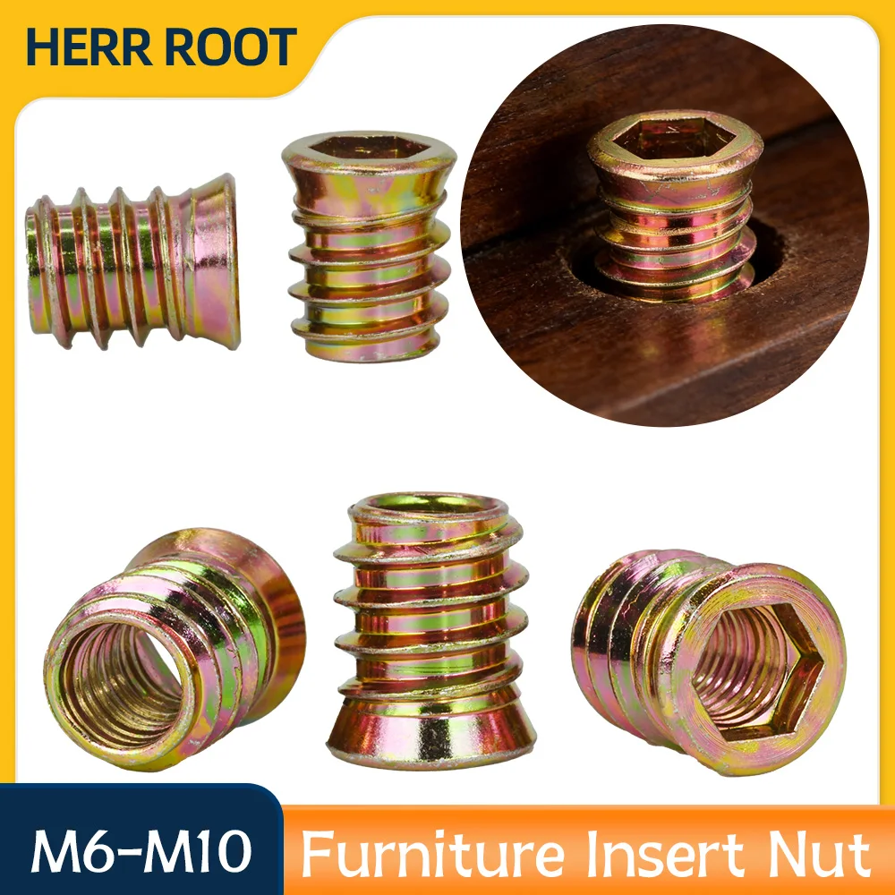 Zinc Plated Wooden Bed Cabinet Furniture Insert Nut Drawer Connector M6 M8 M10 Hex Drive Socket Metric Threaded Embed Insert Nut