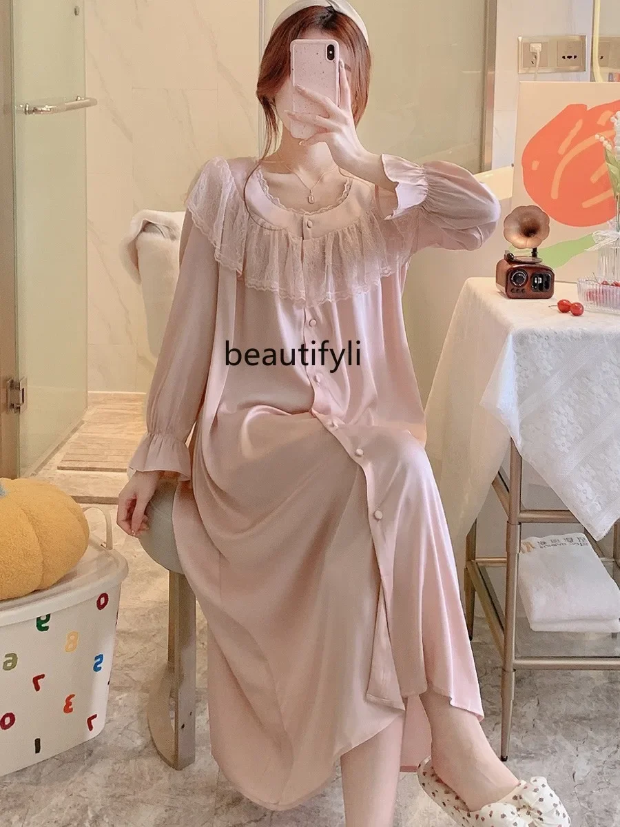 

Spring and Summer Ice Silk Women's Pajamas Long Sleeve Sweet Dress Thin Homewear Autumn Nightgown Nightdress