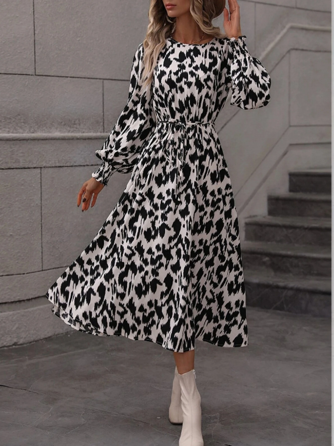 Feminino retro vintage tie dye rendas manga longa tripulação pescoço cintura alta a linha midi vestido outono férias vestido