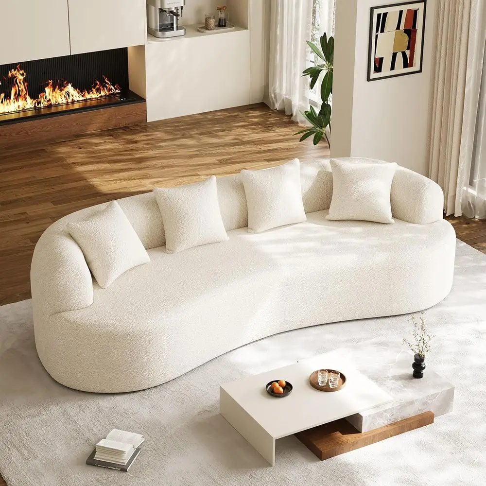 

Luxury Oversized Chenille Sofa, 4-Seat Deep & Wide, Curved for Living Room, Cream White, with 4 Pillows, Ready to Use