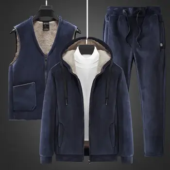 Třídílná sada z jehněčího kašmíru pro muže, teplá módní sety z jehněčí vlny, zimní a sametové, silné tepláky, pánská sada, mikina s kapucí a vestou, kalhoty 10 nejlepší prodej Pánská tepláková souprava, 3 díly - №5