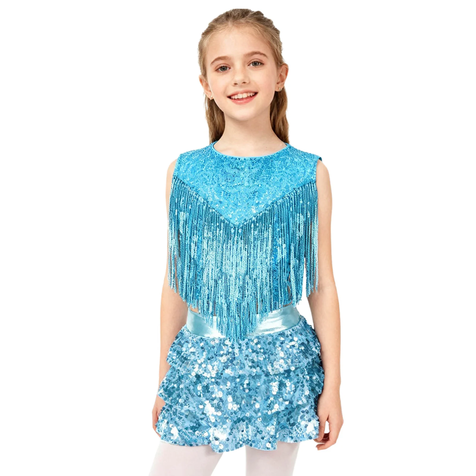 Kids Girls Metallic Shiny Cheerleading Dance Costumes Sequins Sleeveless Tassels Top with Tiered Ruffle Skirted Shorts Culottes