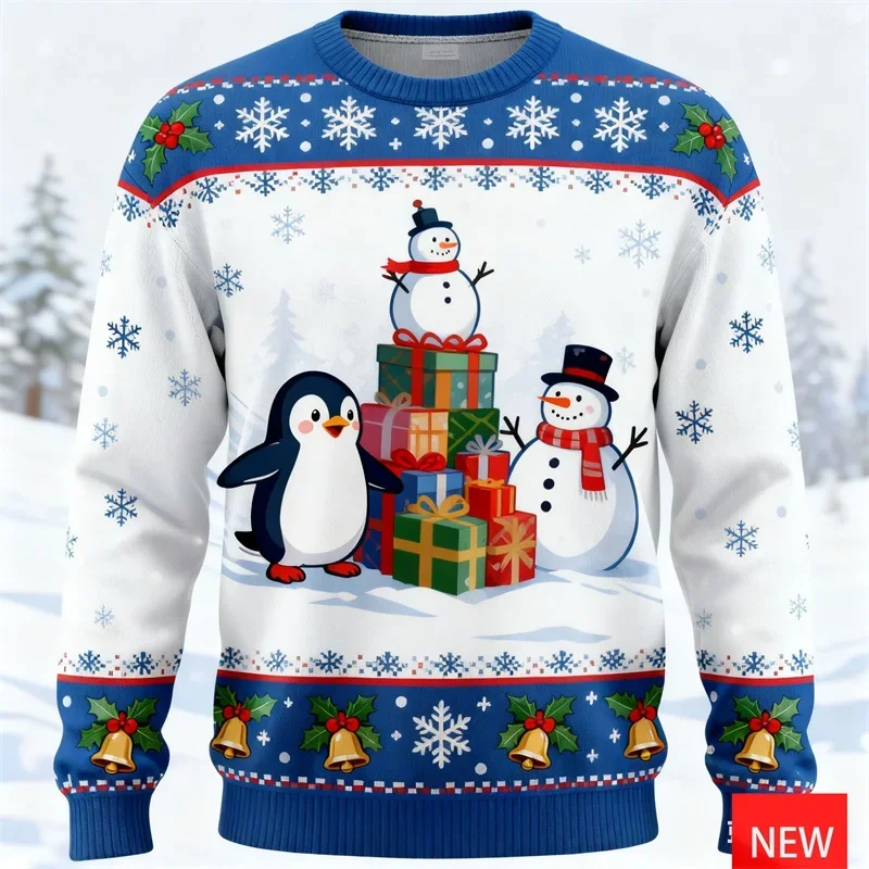 เสื้อสเวตเตอร์คริสต์มาสลายเพนกวินพิมพ์ 3 มิติ สำหรับผู้ชาย เสื้อสวมหัวสำหรับวันหยุดคริสต์มาส เสื้อคอกลมผู้ชาย