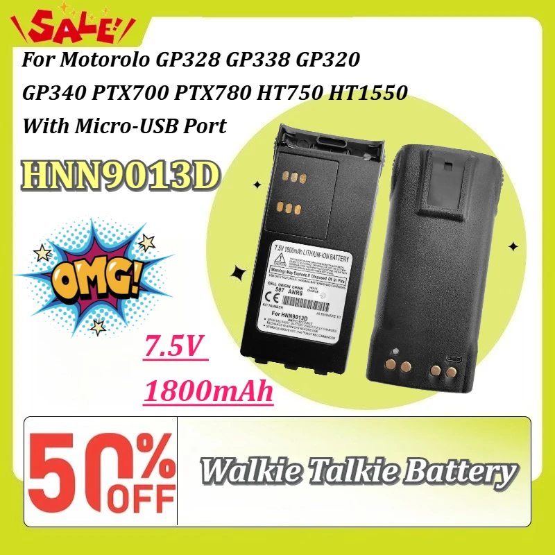 

HNN9013D 7.5V 1800mAh Walkie Talkie Battery for Motorolo GP328 GP338 GP320 GP340 PTX700 PTX780 HT750 HT1550 with Micro-USB Port