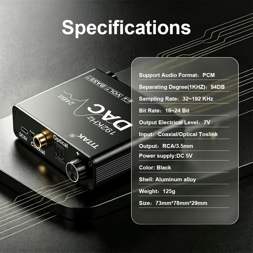 192-kHz-DAC-Digital-Analog-Audio-Konverter, tragbarer Kopfhörerverstärker, Toslink-auf-RCA-Adapter für TV, DVD, PS4, HiFi, USB-Stromversorgung – Detail 8