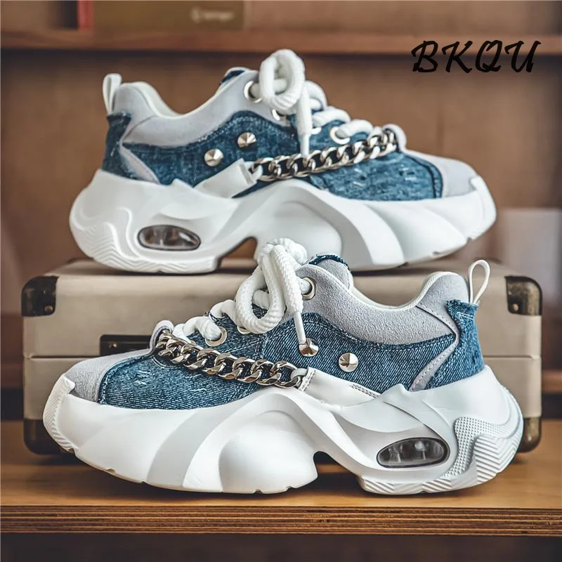 

BKQU 2024 new canvas thick sole four seasons sports fashion daddy shoes men's chain decoration breathable and comfortable