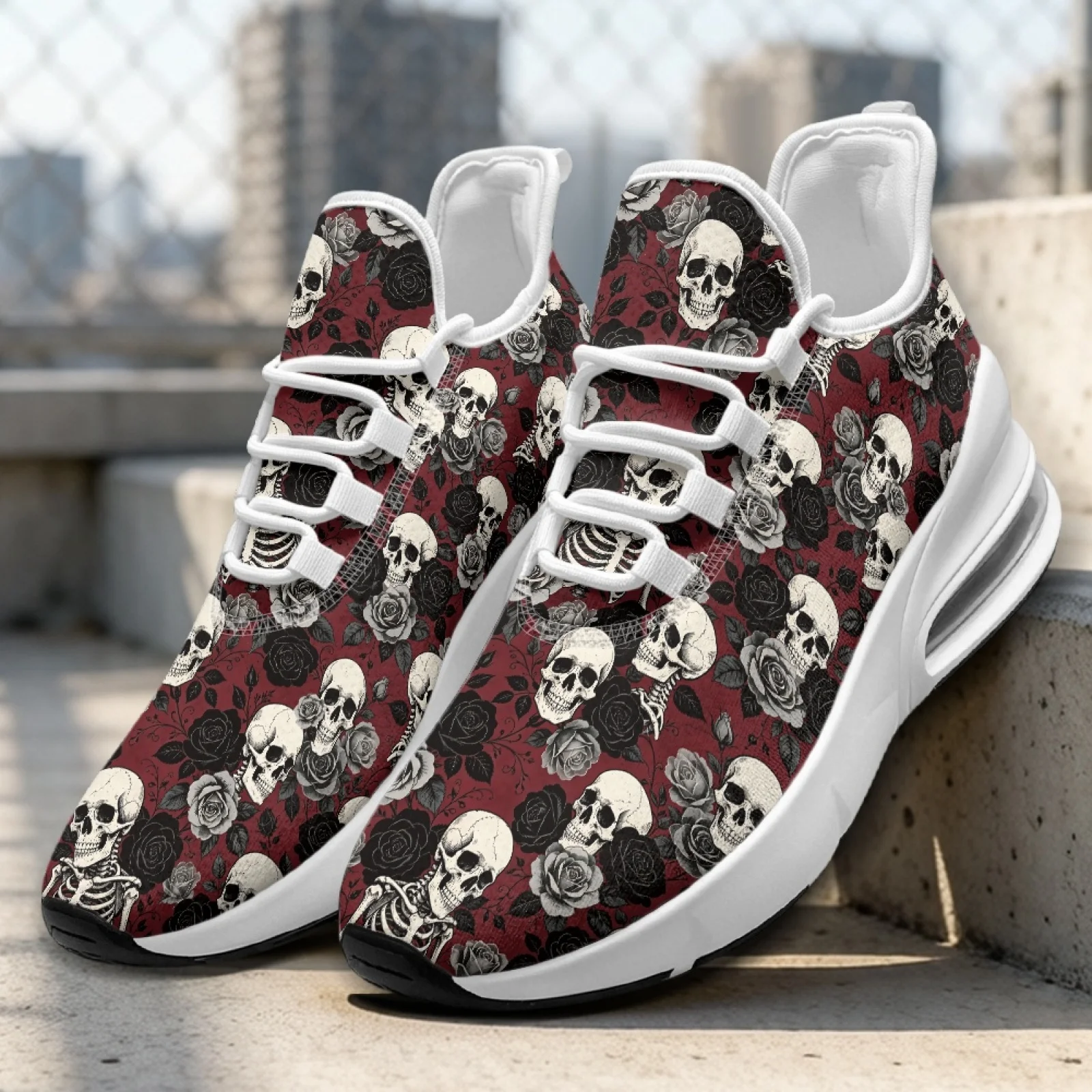 PENSTROLL Skull Rose Pattern Women's Low-Top Sneakers, Breathable Lightweight Athletic Sneakers for Tennis and Daily Travel