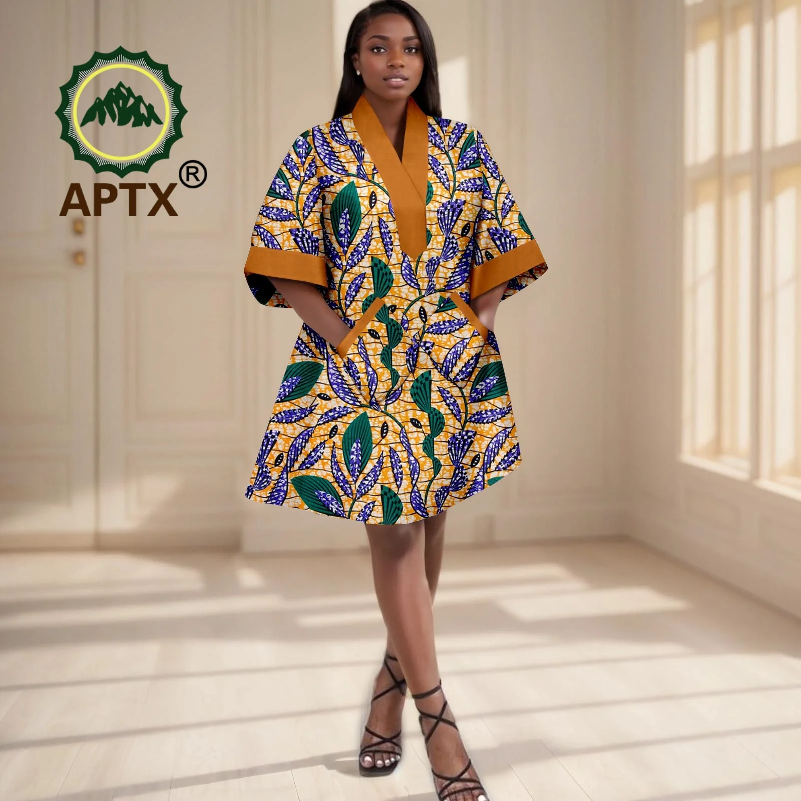 

African Clothing for Women Ankara Print Short Sleeve Patchwork Dresses with Pocket Dashiki Casual Party Wedding Dress
