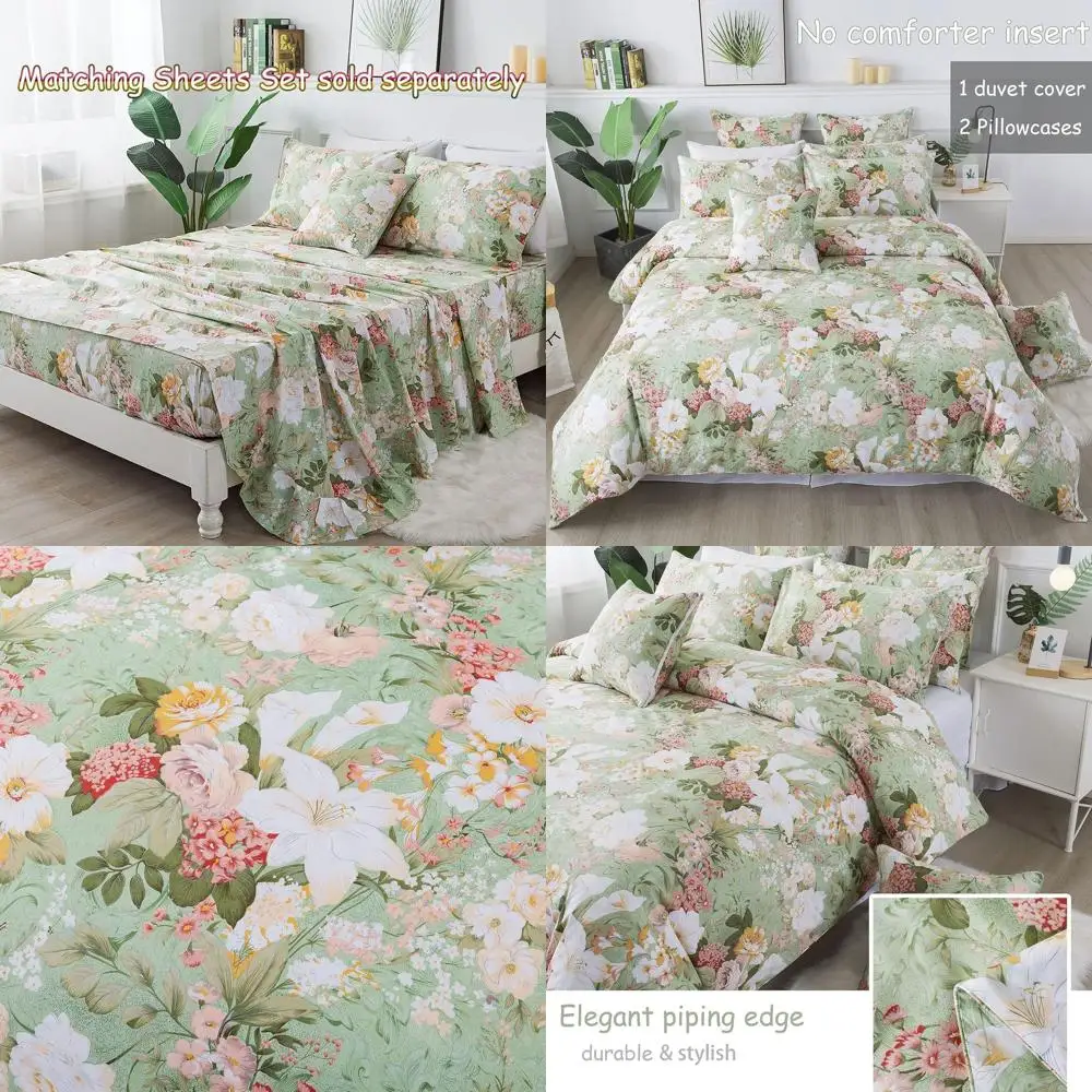 

Queen Size Cotton Vintage Duvet Cover Set with 600 Thread Count, Mint Green and White Lily Print, Elegant Comforter Cover with Z