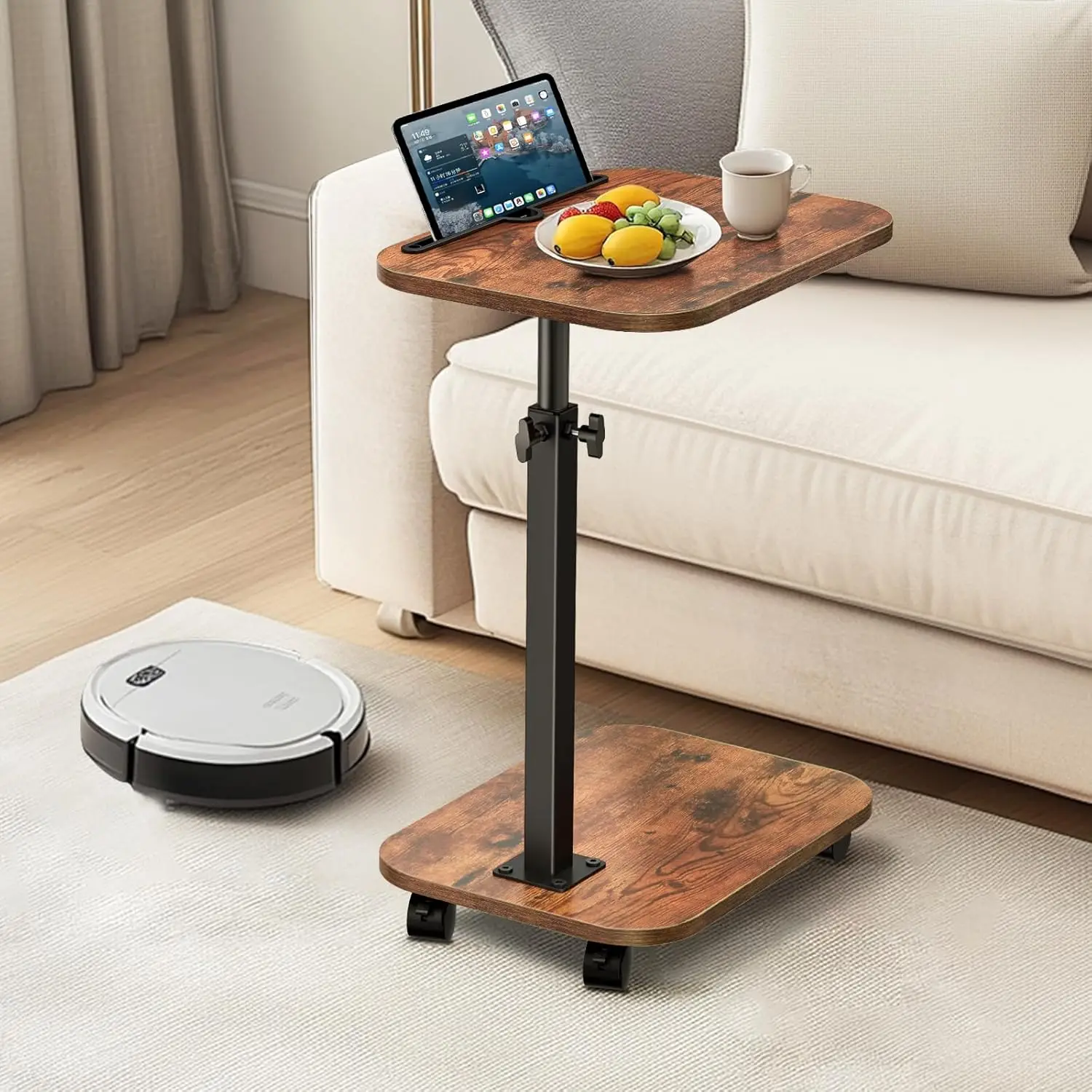 Wooden Sofa Tray, 360 Rotating TV Sofa Tray Table with Wheels, Household Adjustable Height Sofa Tray Service Side Table