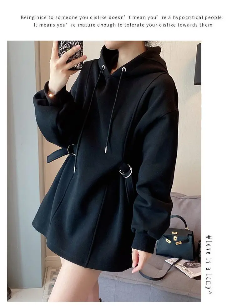 Thickened Hooded Sweatshirt with Added Fleece Mid to Long Length Short Skirt Women\'s Design Sense Loose Top New European Trend