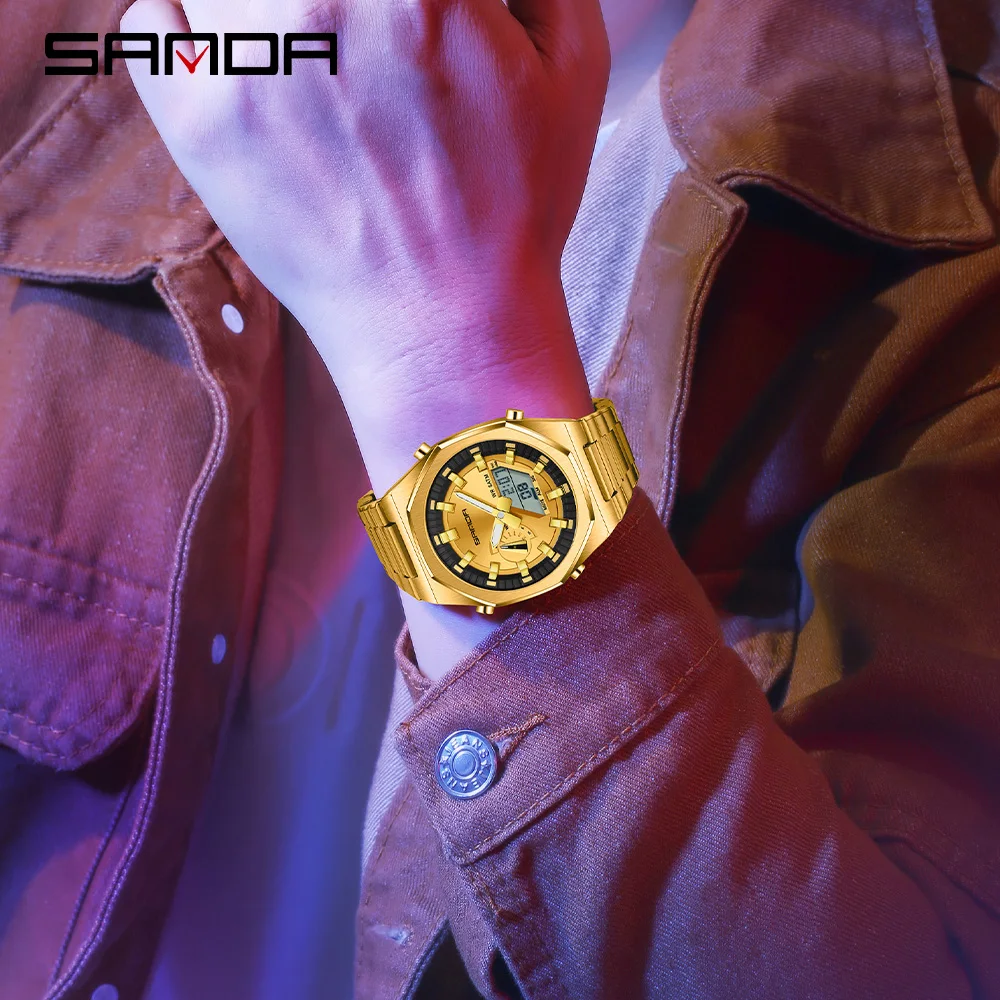 SANDA العلامة التجارية الأعلى 3376 طالب العرض المزدوج ساعة إلكترونية رياضية متعددة الوظائف مقاوم للماء طالب ساعة إلكترونية 2025