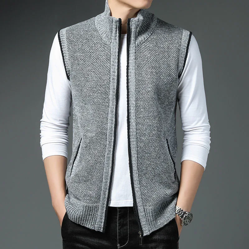 2023 New Autumn and Winter Fashion Versatile Knitted Sleeveless Sweetheart Vest Mock Neck Style Casual Men's Zipper Cardigan