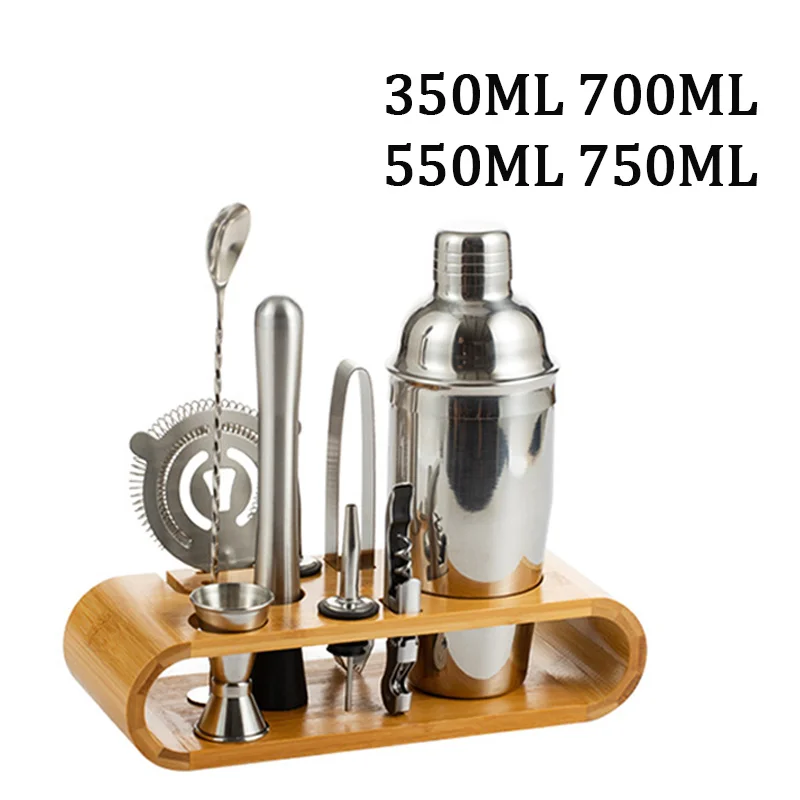 

10Pcs Cocktail Shaker Set Bartender Kit Jigger Mixer Muddler Pourer Spoon Stainless Steel Cocktail Mixer Shaker With Bamboo Rack