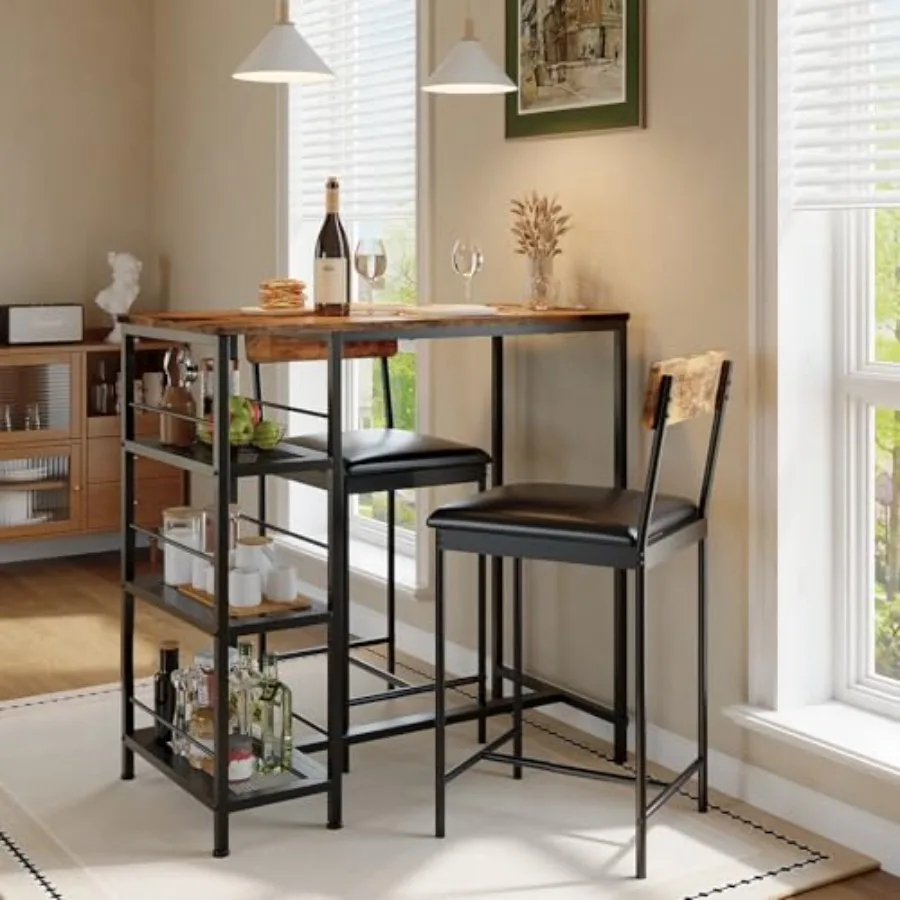 Modern dining set for kitchen, dining room, apartment, or breakfast nook: 3-piece bar table set with metal frame, built-in wine