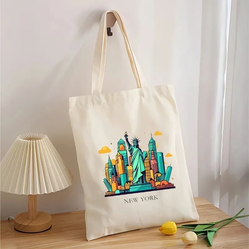 نيويورك مطبوعة حقائب كتف المرأة قابلة لإعادة الاستخدام حقائب فتاة عادية هدية قماش سيدة حقيبة يد حقيبة تسوق سعة كبيرة #5