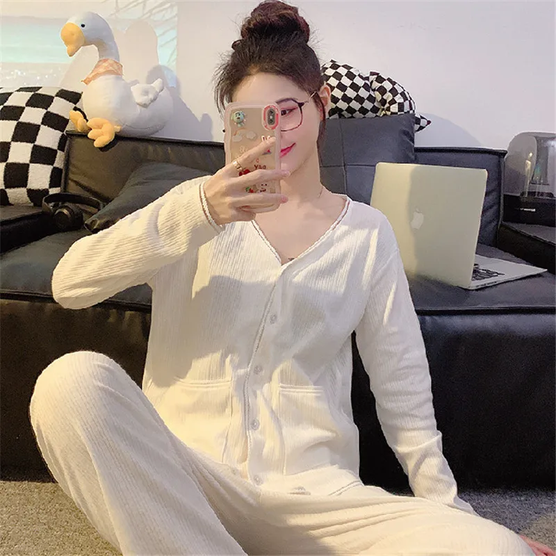 

Pajama Women's New Sweet Spring Autumn Sleepwear Home Set Cardigan Long-Sleeved Trousers Suit Two-Piece Household Clothes