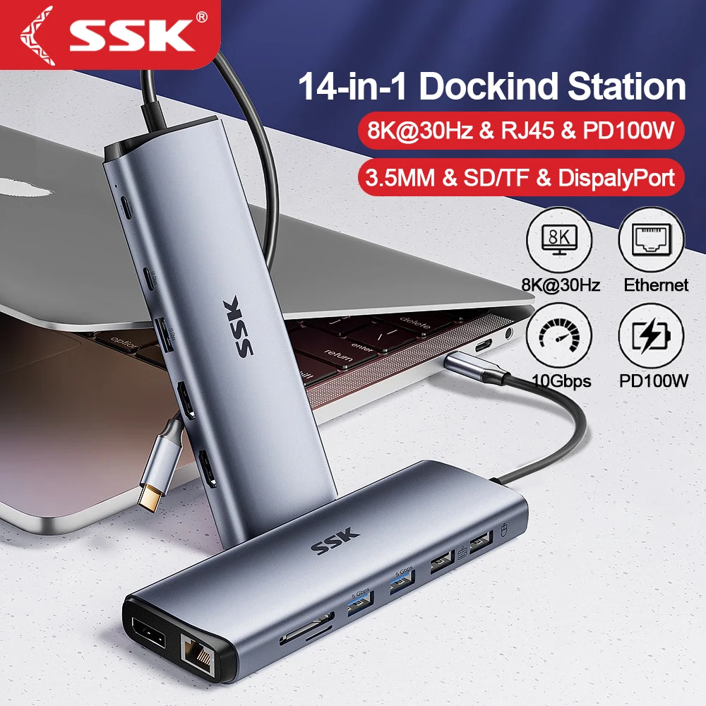 SSK USB C Dock 10 Гбит/с USB C Hub 10 Гбит/с 8K Dual HDMI Ethernet PD100W Thunderbolt USB-сплиттер для ноутбука Macbook Аксессуары для ПК