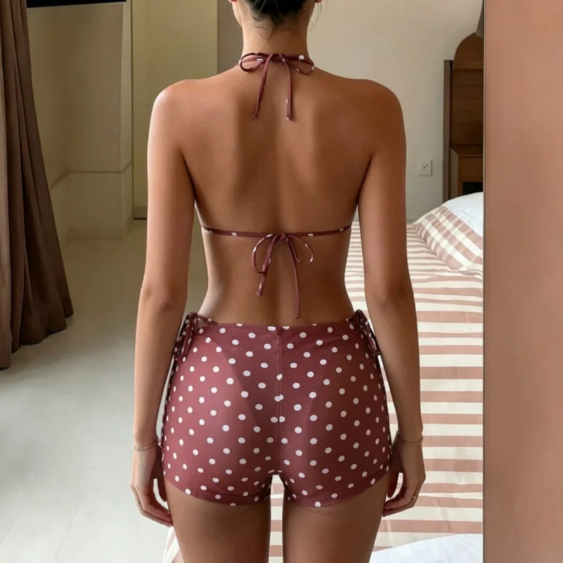 Sexy retro polka dot three-piece swimsuit with halter neck tie bikini and boxer swim shorts for seaside vacation