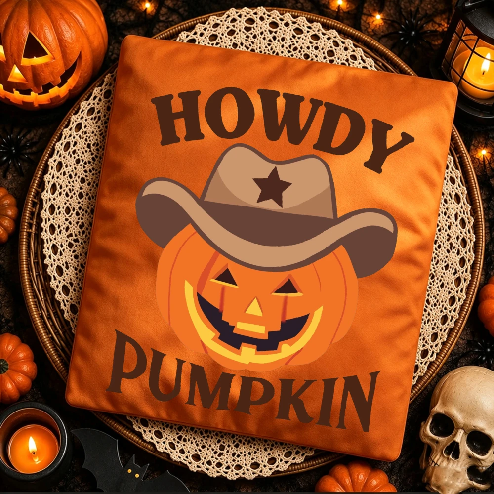 Howdy Pumpkin T-Shirt Cowboy Hat Jack O Lantern Graphic Tee Women Cotton Short Sleeve Western Halloween Fall Season Tee