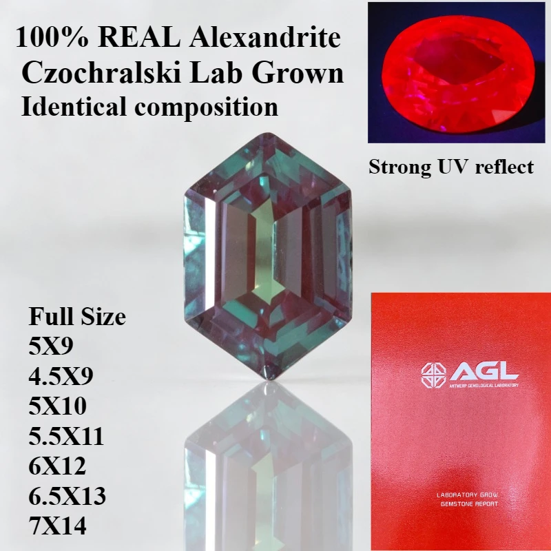 100% Czochralski pull lab grown alexandrite enlonged hexagon identical composition full size lab creat with AGL color change