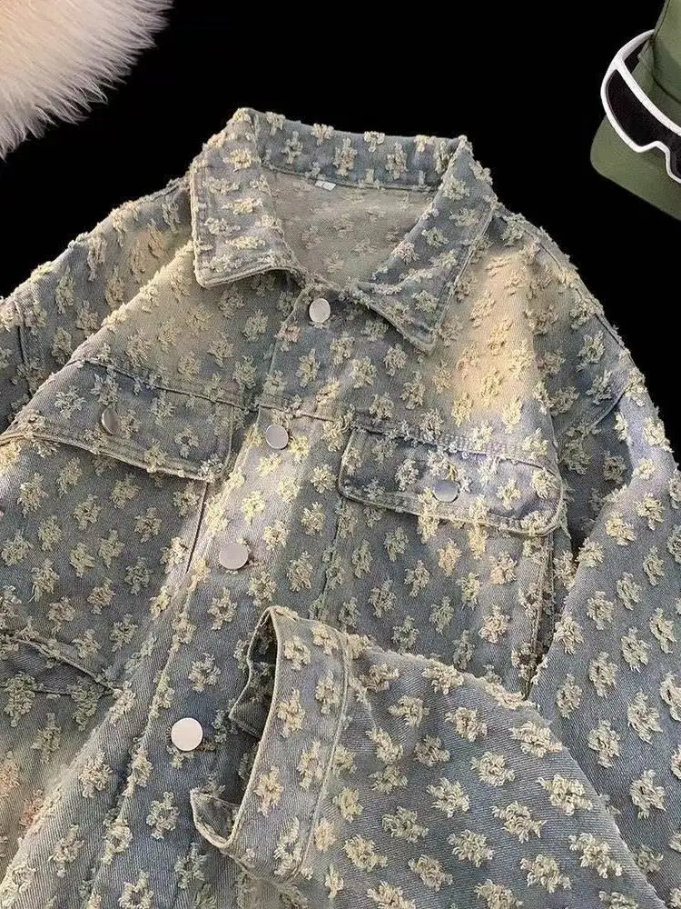 

Мужская джинсовая куртка свободного кроя с воротником, весна-осень, новинка, модная брендовая куртка High Street в стиле ретро, большой размер